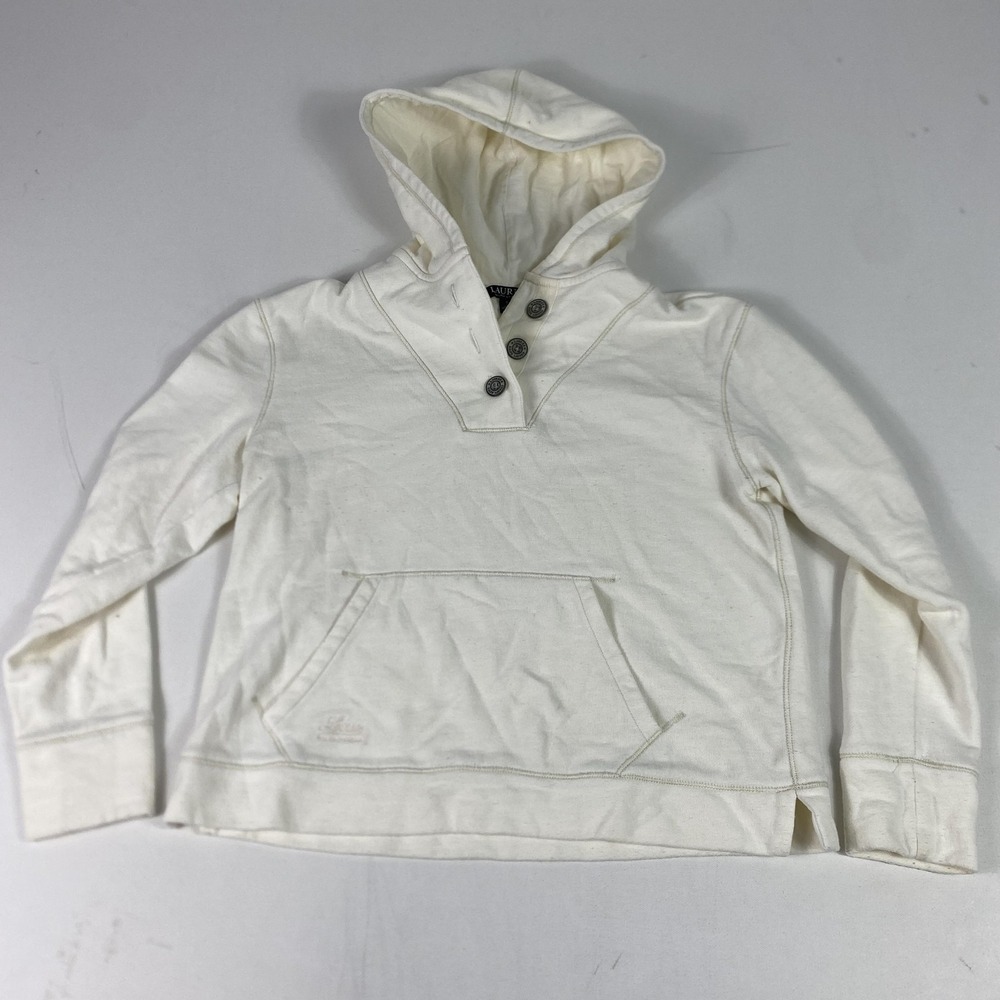 Lauren Ralph Lauren Hoodie Womens Small White Henley Pullover Pocket Logo Knit